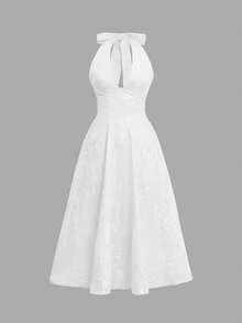 Unadoll 女士性感露背吊带连衣裙，3D提花面料，优雅款式，适合晚宴、约会、学校开学典礼、鸡尾酒会、婚礼、圣诞节、感恩节等场合，白色夏季款 - 白色 - 查看 4