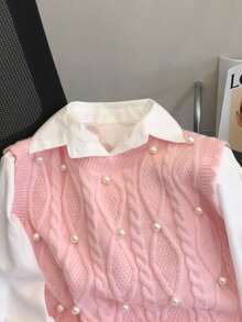 女士时尚优雅珍珠针织无袖毛衣背心，春夏