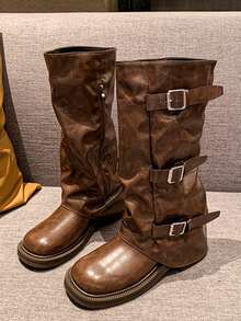 Fall/Winter Multiple Strap Buckle Over-The-Knee Boots Women, Soft Leather Retro Brown Western Cowboy Boots, Chunky Heel High Shaft Riding Boots, Petite British Style High Heeled Slim Boots - Brown - View 4