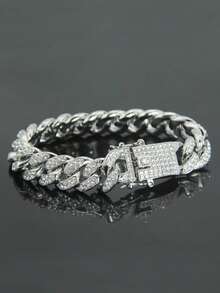 A Hip-Hop Punk Cuban Style Stainless Steel Full Diamond Bracelet, Suitable For Daily Wear, Street Travel And Other Occasions, And Also A Surprising And Exquisite Small Gift - Hip Hop Stainless Steel Diamond Bracelet - View 1