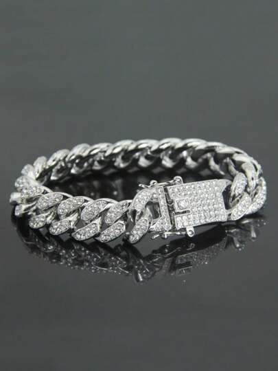 A Hip-Hop Punk Cuban Style Stainless Steel Full Diamond Bracelet, Suitable For Daily Wear, Street Travel And Other Occasions, And Also A Surprising And Exquisite Small Gift