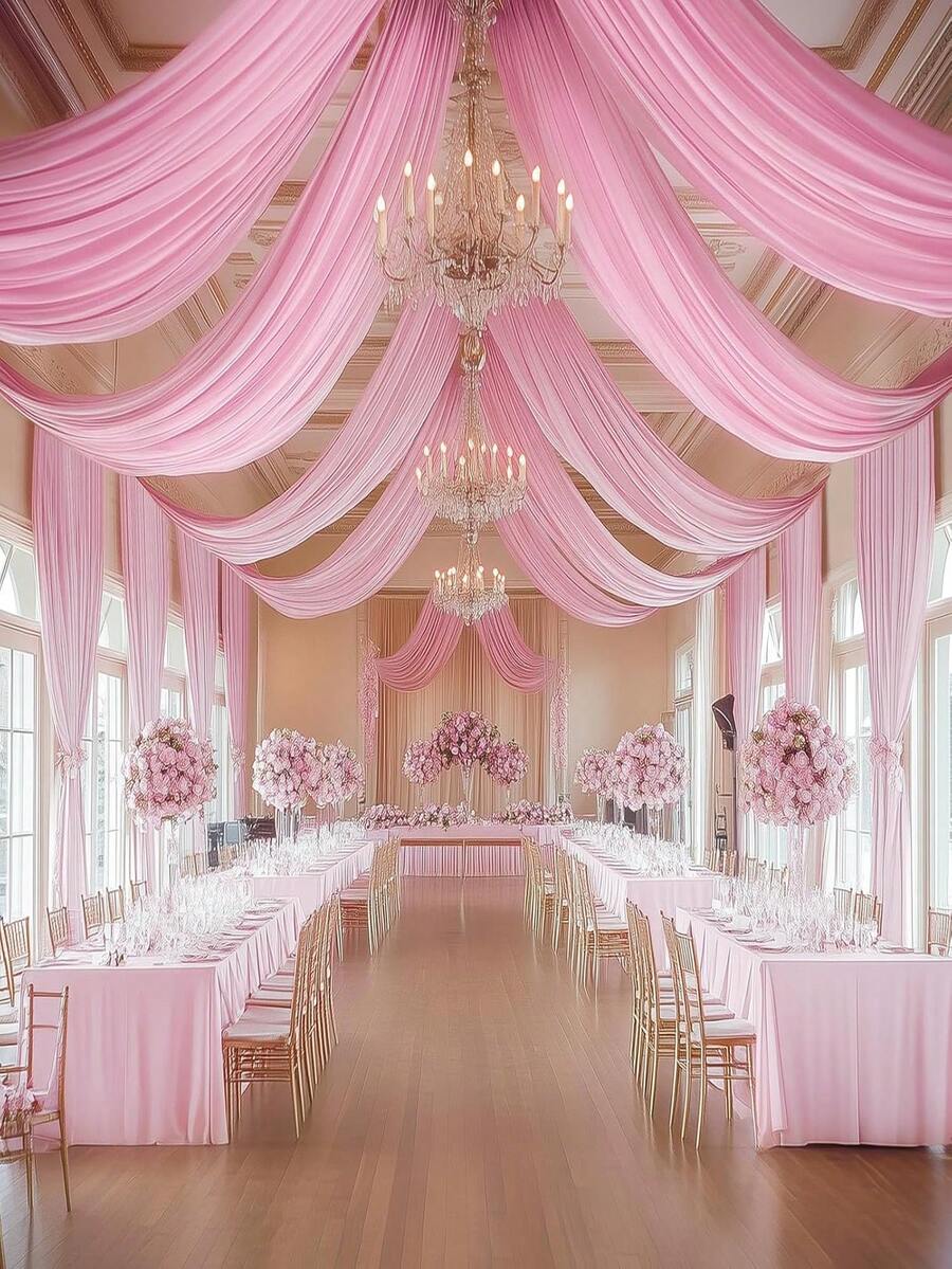 1 pièce Rideau voile rose transparent, drapé de plafond en mousseline, décoration de cérémonie de mariage romantique, rideau transparent polyvalent, décoration de mariage en extérieur, décoration de baby shower, décoration de réception de mariage, décoration de fête d'anniversaire, toile de fond d'arche de mariage, décoration d'arrière-plan de fête - Rose bonbon - Voir 1