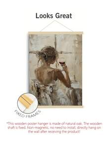 1 件中性米色墙壁艺术：拿着酒杯的女人帆布画 - 适用于客厅装饰，无框