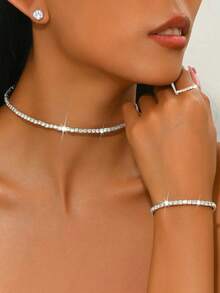 5 件套水晶链焊接颈链耳环戒指（弹性）手链（弹性） - 銀色 - 查看 8