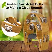 Double Row Jingles, Half Moon Musical Tambourine Double Row Handbell Tambourine Metal Jingles With Ergonomic Grip Percussion Instrument For KTV Party Church, Imitation Wood Color - 咖啡棕 - 查看 6