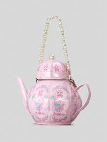 创意印花茶壶图案女士手提包珍珠链条单肩包设计师奢华斜挎包小水桶包 - 彩色 - 查看 5