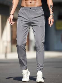 Men's Solid Color Pocket Casual Tapered Pants, For Commuting Daily - Light Grey - View 2
