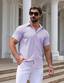 Men's Muscle Dress Shirts Slim Fit Stretch Short Sleeve Casual Button Down Shirts For Men-20256688 - Light Purple - View 8