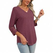 XIEERDUO 3/4 Length Sleeve Womens Tops Dressy Casual Blouses For Women 2025  V Neck T Shirts Summer Clothes - Wine Red - 查看 4