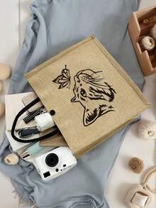 猫咪蝴蝶主题手提包套装：女士手提包和化妆包，包括一个亚麻卡通猫咪图案手提包和一个小包/零钱包，印有猫咪和蝴蝶图案，可作沙滩手提包、时尚大容量化妆包、旅行化妆包、纯色拉链包，适合上学、大学、通勤、生日等场合。