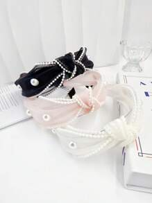 1pc Premium Faux Pearl Embellished Wide Edge Headband With Organza Knot, Elegant & Versatile Hair Accessory, Hairband Headband For Women , Hair Accessories, Diadema, Hair Hoop