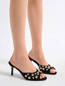 SHEIN ICON Black Rivet Decor High Heel Sandals, Women 2025 New Fashion Elegant Versatile Stiletto Slip-On Mules - Black - View 9