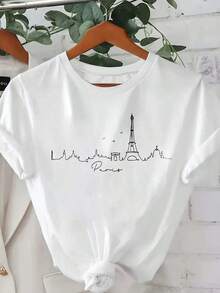 1 Pieza de Camiseta Casual de Moda para Hombres y Mujeres con Diseño de Paisaje de París, Estampado Artístico Parisino con Cuello Redondo y Manga Corta, Camiseta Gráfica Versátil, fácil de combinar, adecuada para uso diario, estilo urbano, ropa de vacaciones, ropa de fin de semana. - Blanco - Ver 1
