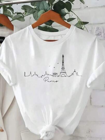 Camiseta para mujer con diseño del horizonte de París, camiseta casual de manga corta cuello redondo con impresión de arte de línea moderna de París, blusas gráficas de París para mujeres