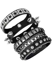 Xiacheng Bộ 1/3/4 vòng tay nữ phong cách Punk Rock - Vòng tay da giả có thể điều chỉnh, đính đinh tán, kiểu Emo Goth Biker thập niên 80, thời trang alternative unisex. - màu đen - Xem 17