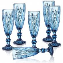 6pcs Adult Vintage Glass Goblet 150ml Diamond Sea Ice Blue Embossed Stemware Wine Cup For Cocktail Juice Iced Beverage - 藍色 - 查看 1