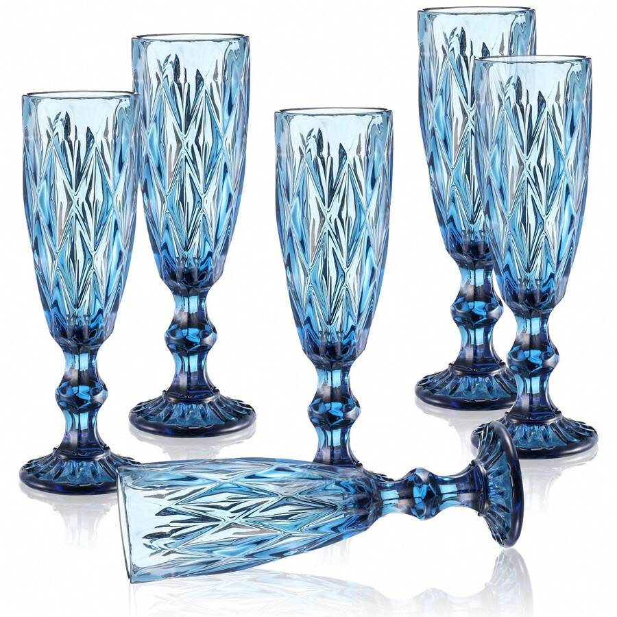 6pcs Adult Vintage Glass Goblet 150ml Diamond Sea Ice Blue Embossed Stemware Wine Cup For Cocktail Juice Iced Beverage - 藍色 - 查看 1