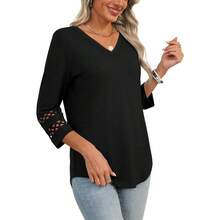 XIEERDUO 3/4 Length Sleeve Womens Tops Dressy Casual Blouses For Women 2025  V Neck T Shirts Summer Clothes - 黑色 - 查看 4