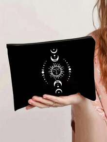 太阳、月亮和星星印花帆布单肩包、白色图案、黑色背心手提包和黑色小包、小化妆包、零钱包、储物袋、情人节礼物、伴娘个性化婚礼礼品袋、化妆包、简易旅行储物袋