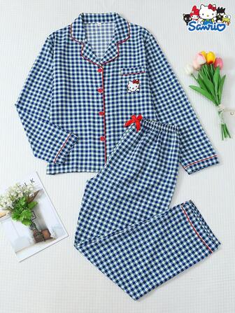  2pcs Spring/Summer Women's Sanrio Hello Kitty Blue & White Plaid Collared Long Sleeve Button Pocket Top And Bowknot Long Pants Pajama Set, Suitable For Lounge Wear, Fall Winter Clothes