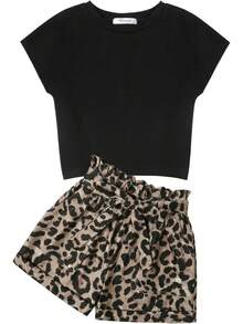 Girls 2 Piece Summer Outfit Drop Shoulder Batwing Sleeve Top & Paperbag Waist Shorts Set 6-14 - Black+Leopard - View 1