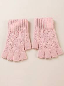 1双女士秋冬针织手套，带保暖内衬，户外保暖露指手套，时尚百搭袖套