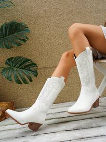 2025 秋冬女式西部刺绣复古牛仔靴，中筒 V 形粗跟马靴，时尚靴子，牛仔靴