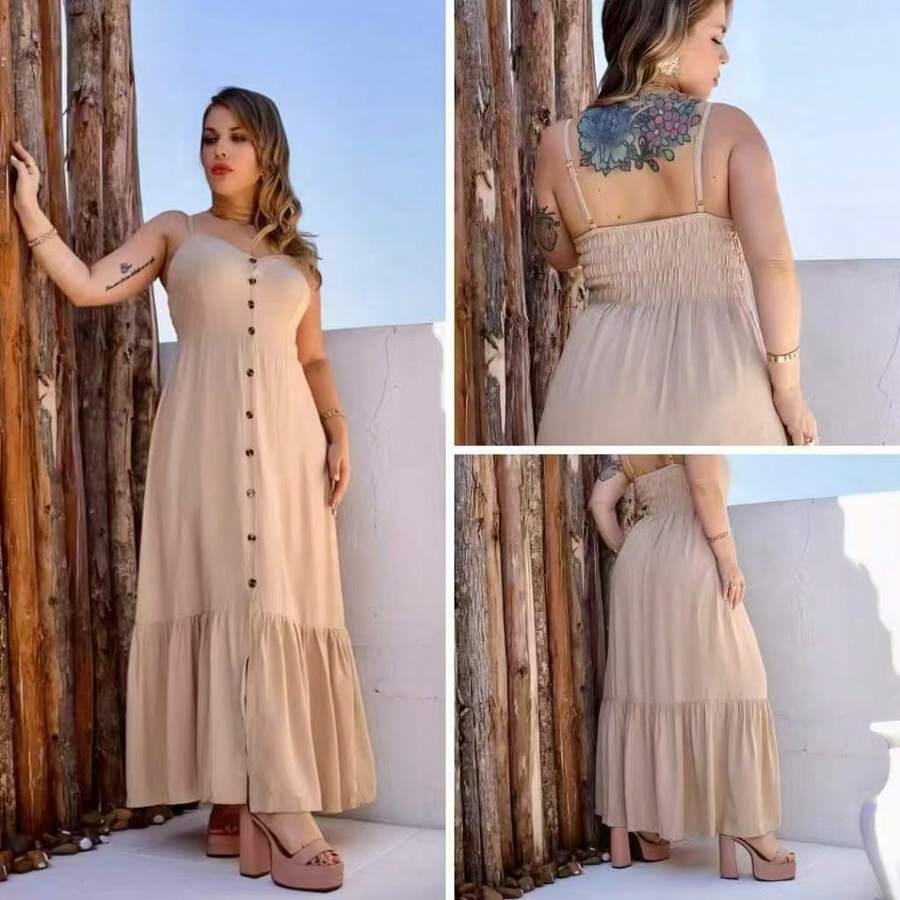 Long Crepe Dress With Padded Cups And Buttons H-1 - Beige - View 1