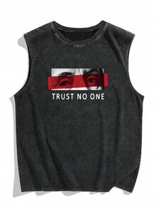 Men's Vintage Washed Sleeveless Tank Top, Simple Letter & Figure Print Design, Casual For Daily Wear And Street Fashion, Suitable For Spring/Summer - Black - View 4