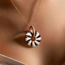1pc 18K Gold Stainless Steel Chain With Copper Pendant, Striped Oil Drip Zirconia Black & White Oil Drip Circle Pendant Necklace - Necklace - View 1