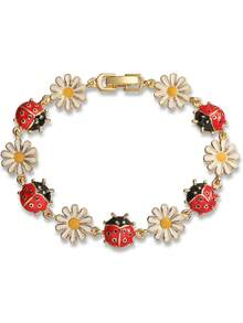 1pc Ladybug & Flower Decor Chain Bracelet, Multi-Color Cubic Zirconia Copper Alloy, Cute Nature Style, Couples Accessory For Casual Wear, Party - Multicolor - View 15