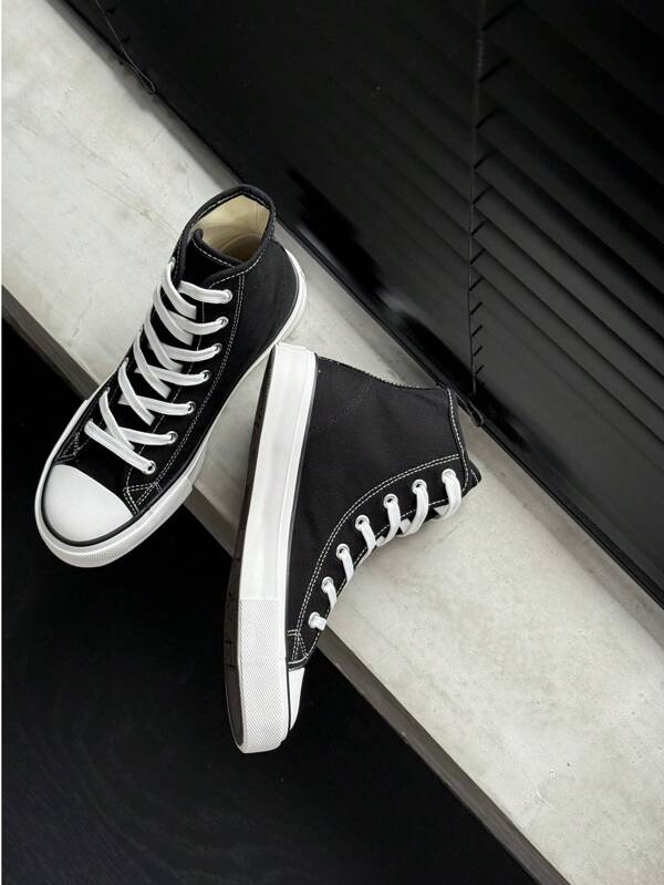 Black Canvas Shoes For Women And Men, Mid-Top Sneakers, Spring/Autumn Korean Style Simple Fashion High-Top Casual Lace-Up Athletic Shoes, Classic Mid-Top Canvas Shoes, Versatile Casual Skateboard Shoes
