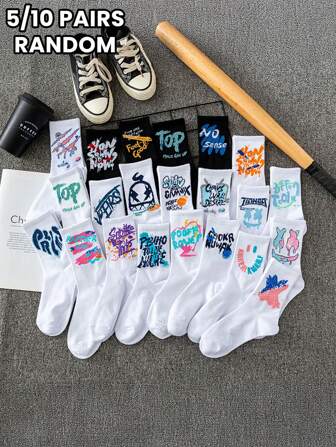 5/10 pares de calcetines a media pierna a juego para hombres y mujeres con estilo de graffiti. Calcetines únicos y de moda con estilo callejero. Adecuados para uso diario., Calcetines de otoño
