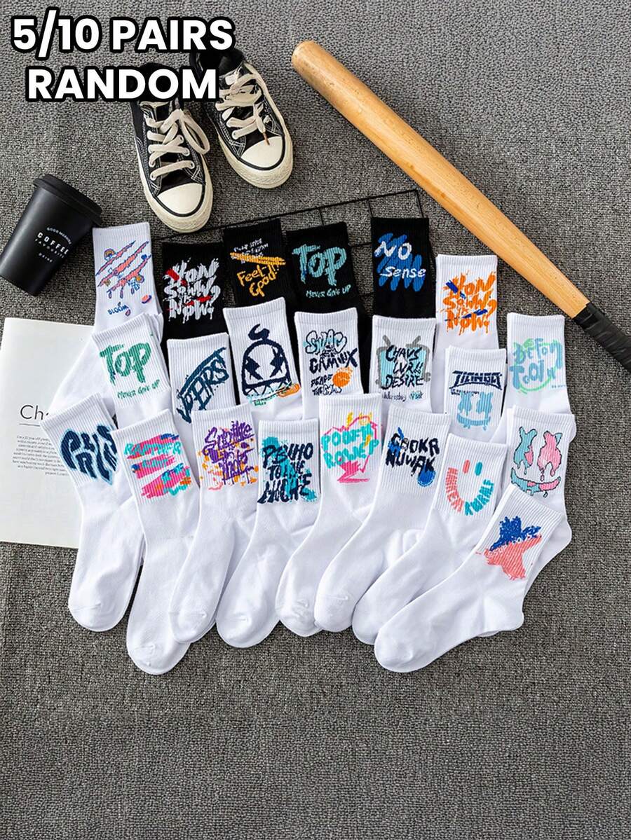 5/10 双涂鸦风格男女款中筒袜。独特时尚的街头风格袜子。适合日常穿着。秋季袜子 - 彩色 - 查看 1