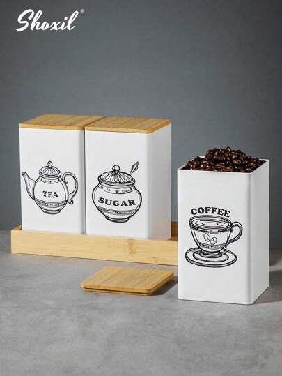 shoxil 1PC Square Coffee Storage Can - Airtight Bamboo Lid & Iron Body Display Container For Coffee Beans, Tea Or Snacks