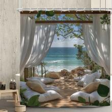 1pc Beach Theme Polyester Shower Curtain With Hooks - High Quality Digital Print No-Hole Design, Super Wide Bathroom Curtain For Coastal Bathroom Decor, Machine Washable, Beach Shower Curtain, Easy Hang Curtain, Plush Decor Accessory, Smooth Texture Fabric Back To School