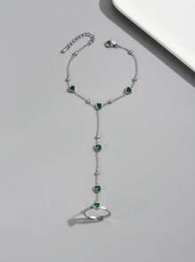 1 Stück stilvoller Edelstahl grüner Diamant-Herz-Ring & Finger Kette Armband Set, luxuriöser eleganter Party Feier Schmuck Accessoire für Frauen