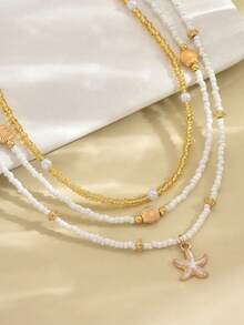 3 Pcs Bohemian Style Starfish & Shell Beaded Necklace Set, Suitable For Women Beach Party - Multicolor - View 3