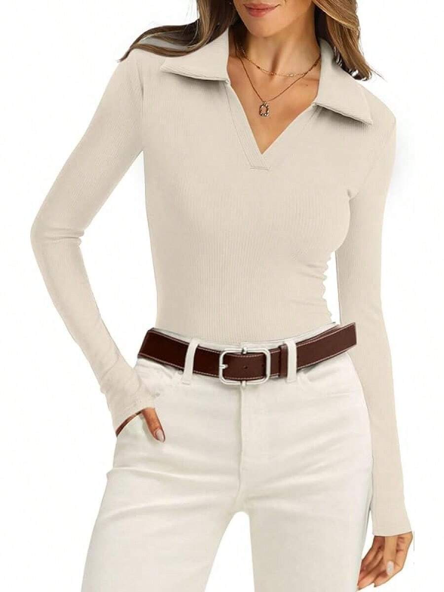 WIHOLL Womens Polo Shirts Long Sleeve Business Casual Tops Collared V Neck Ribbed Knit Sweater Slim Fit Blouses Halloween Christmas New Year - 杏色 - 查看 1