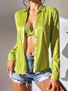 Set plisado de 2 piezas unicolor ligero con top ajustable para mujer de moda - Verde - Ver 1