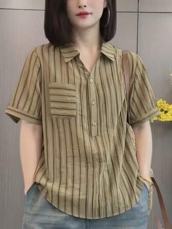 Women Striped Print Pocket Short Sleeve Casual Shirt, Suitable For Summer