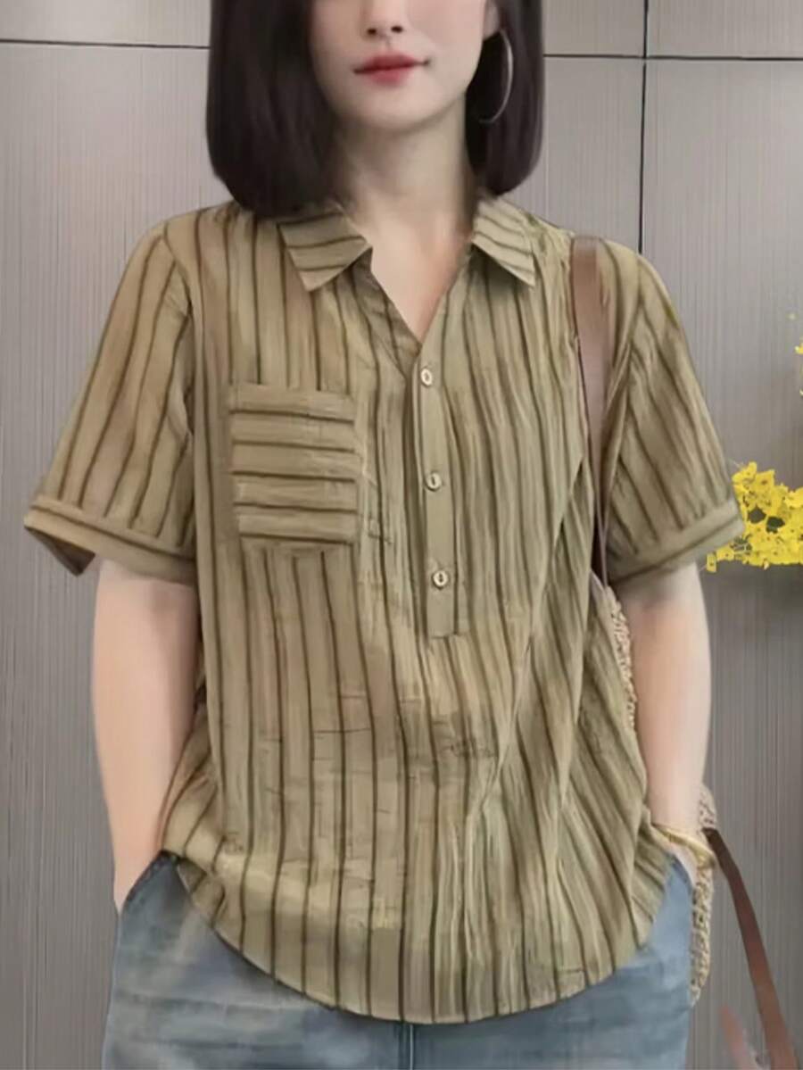 女士条纹印花口袋短袖休闲衬衫,适合夏季 - 芥末黃 - 查看 1