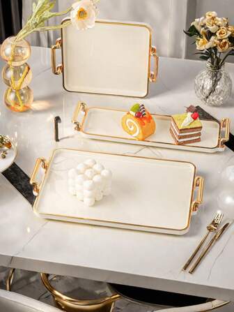 1pc Elegant Gold Trimmed PS Plastic Tray Set - Multipurpose Rectangular Tray For Kitchen, Dining Room, Living Room - Great For Tea, Snacks, Candy, Baked Goods - Perfect For Weddings, Gifts, Birthday Events