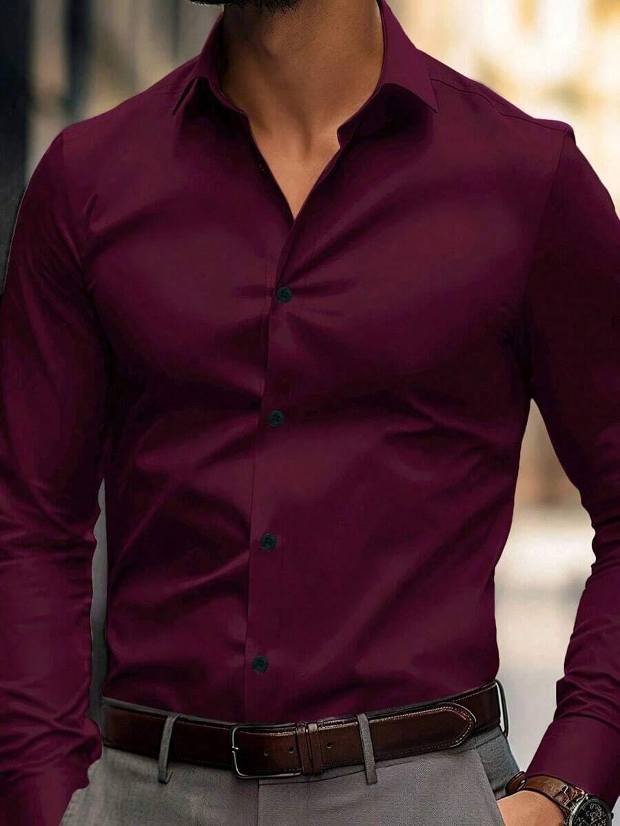 Men's Spring Summer Solid Color Casual Business Long Sleeve Shirt - Màu Đỏ Sâu - Xem 1