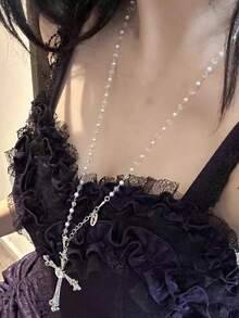 1pc Ascension Day Cross Crystal Beaded Necklace, Black Metal Material With Zirconia Inlaid, Goth Style Suitable For Women Daily Wear - Black - View 9