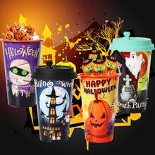 4 vasos de plástico con temas de Halloween, con diseños de murciélago, fantasma, calabaza y calavera araña, de 16 onzas, reutilizables, con tapas y pajitas, ideales como regalos de Halloween y suministros para fiestas de cumpleaños - Ver 1