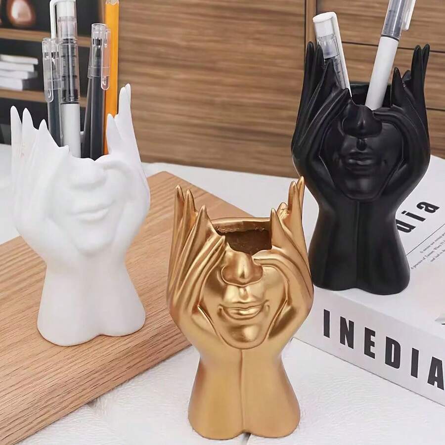 Đồ thủ công mỹ nghệ bằng nhựa hình mặt người trừu tượng | Giá đựng cọ trang điểm & chì kẻ lông mày | Giá trưng bày trang sức | Hộp đựng đồ dùng trên bàn | Vật trang trí cho bàn làm việc, tủ TV, quầy bar | Bình hoa | Quà tặng tiệc tùng & ngày lễ