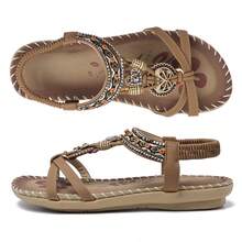 Women Sandals Floral Print Elastic Strap Lightweight Beach Shoes - Dark Brown - View 1