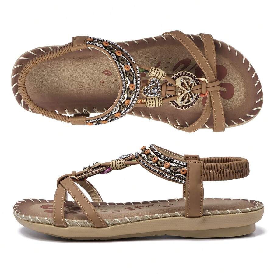 Women Sandals Floral Print Elastic Strap Lightweight Beach Shoes - Dark Brown - View 1