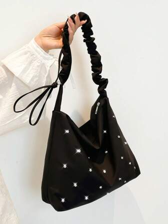 1 件简约、时尚、轻便的女士尼龙大容量水钻装饰托特包。可调节肩带斜挎包适合年轻人外出和日常使用，日式风格